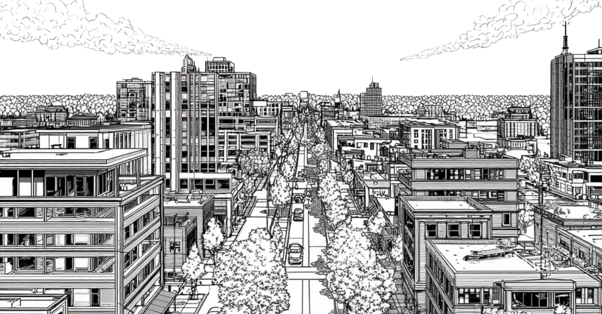 Line drawing of urban corridor